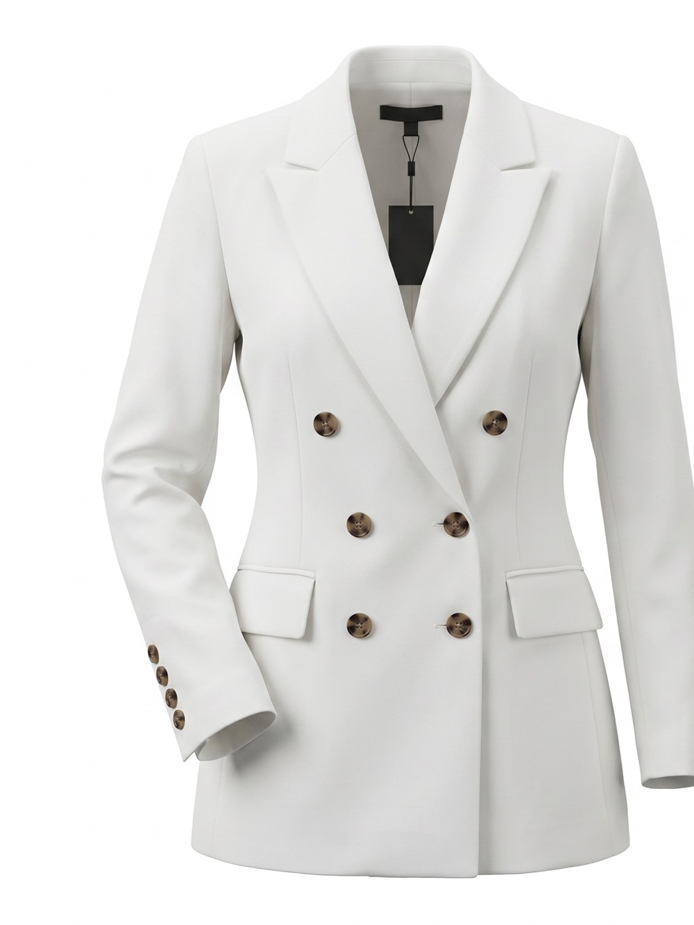 NWT:  Designer White Double-Breasted Peak Lapel Blazer, Machine Washable